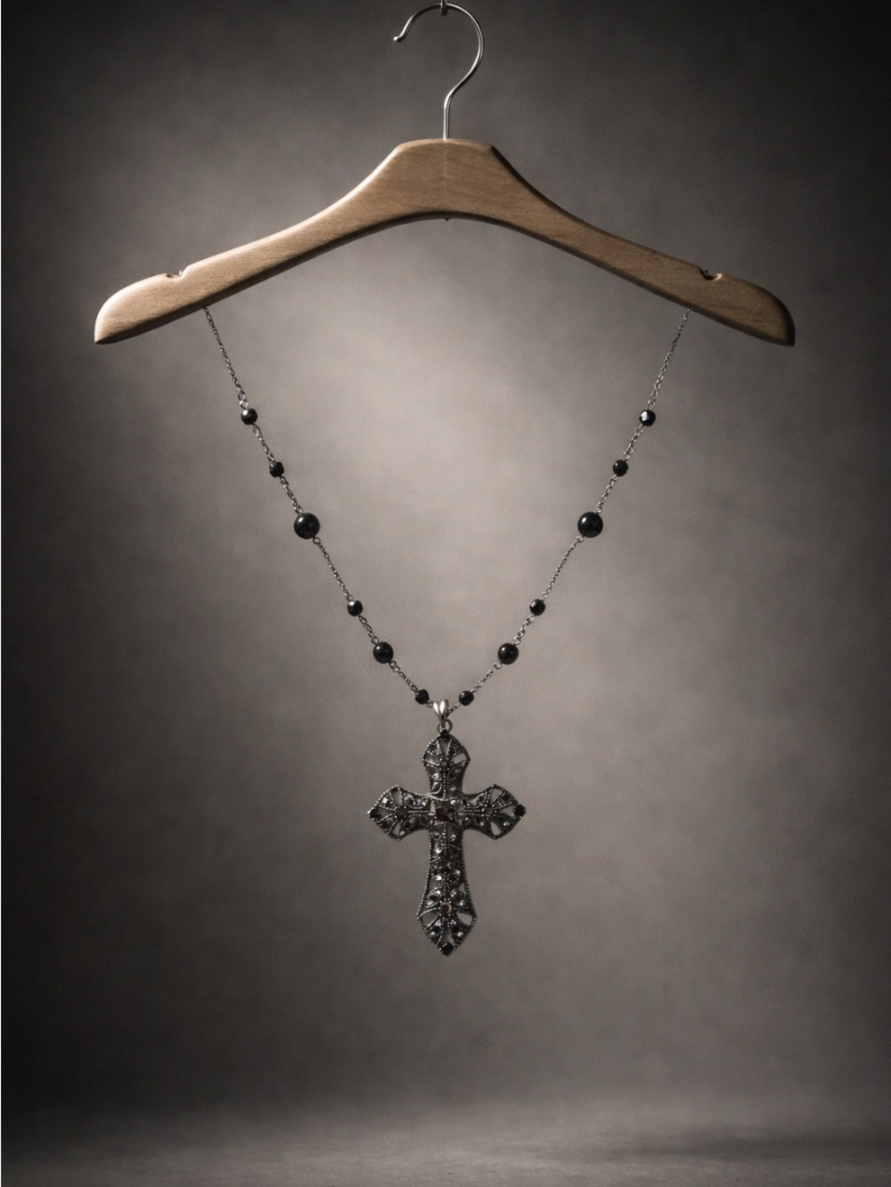 Black Beaded Cross Pendant Necklace - Women Jewelry
